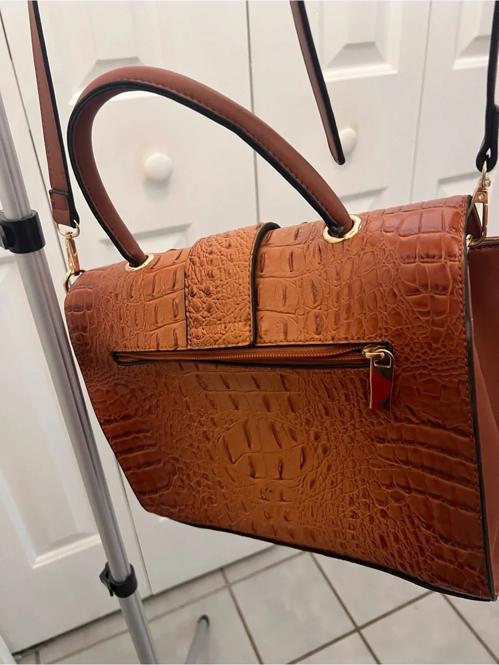 Structured Croc-Embossed Top Handle Bag in Cognac American bee